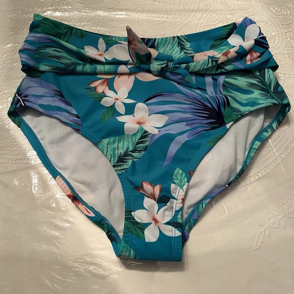 Kona Sol Teal Tropical Floral High Waist Bikini Bottoms Size S NEW NWOT